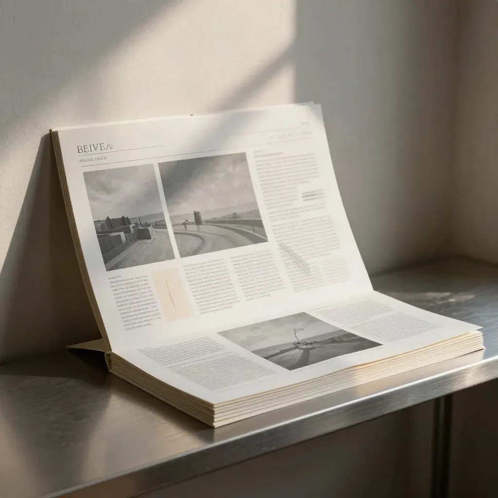 Maquette di homepage su ledge in metallo, campioni carta neutra e luce radente in studio.