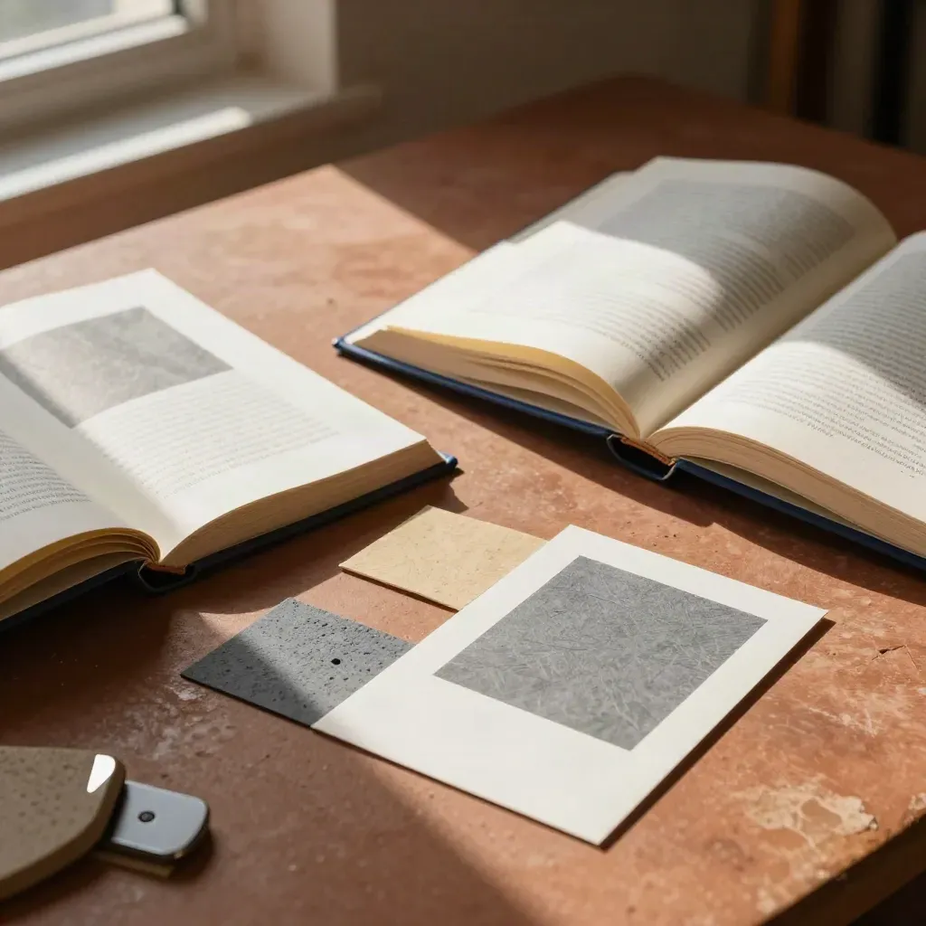 Libri aperti, carte campione e oggetto da viaggio su tavolo caldo, luce di pomeriggio.