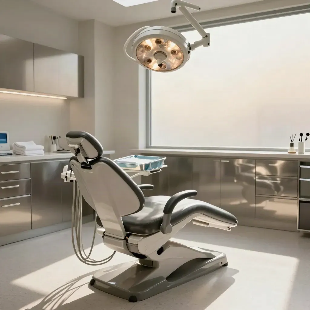 Studio dentistico immacolato, poltrona reclinata e vassoio sterile in luce cinematografica.