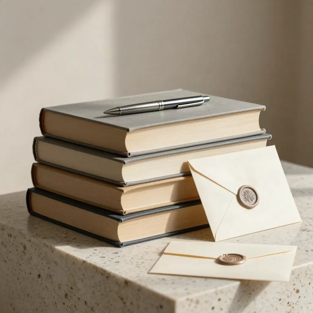 Pile di libri, manoscritto chiuso, penna e busta sigillata su una lastra chiara.