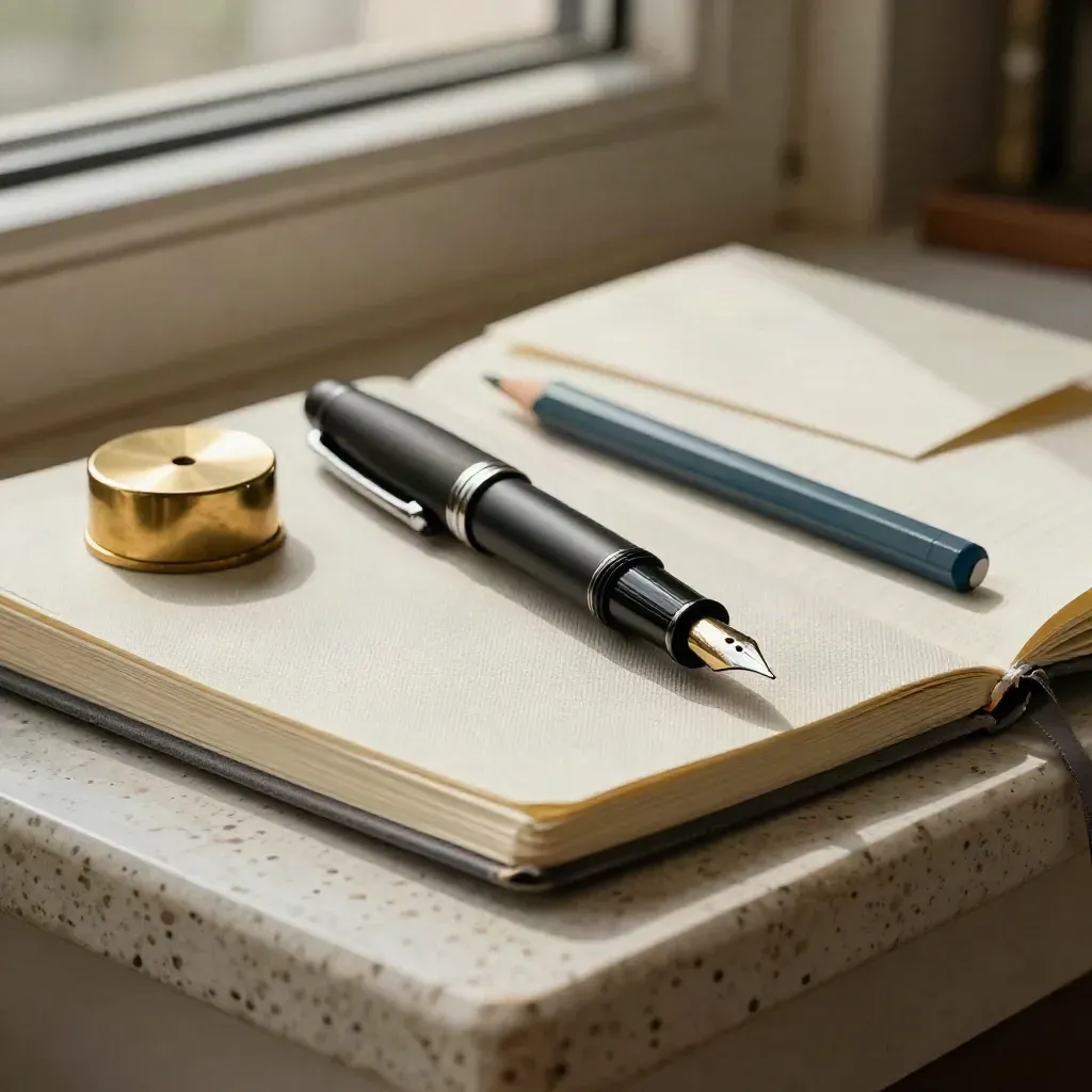 Stilografica nera, taccuino in lino, fermacarte in ottone e matita blu su travertino.