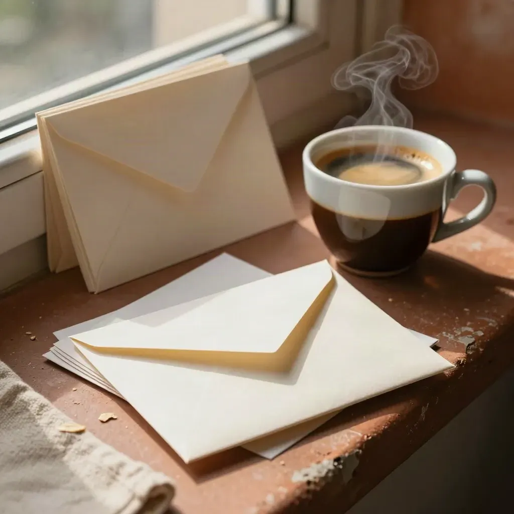 Carte contenuto, tazzina di caffè e busta su ledge rustico in luce calda.