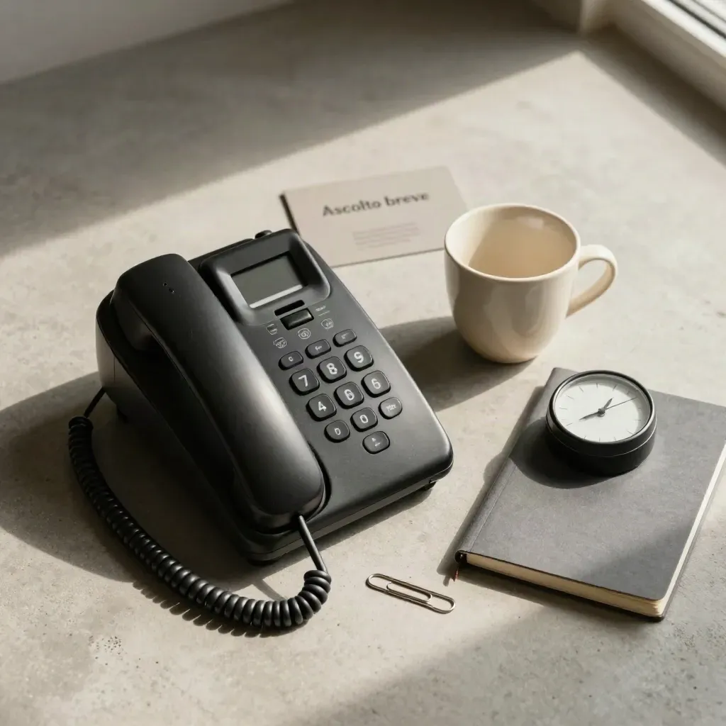 Flatlay dall’alto con telefono fisso, tazza, quaderno, graffetta e timer su cemento chiaro.