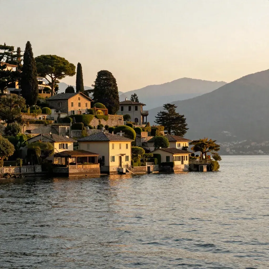Bellagio e il Lago di Como all’alba, con acqua calma e colline nella foschia dorata.