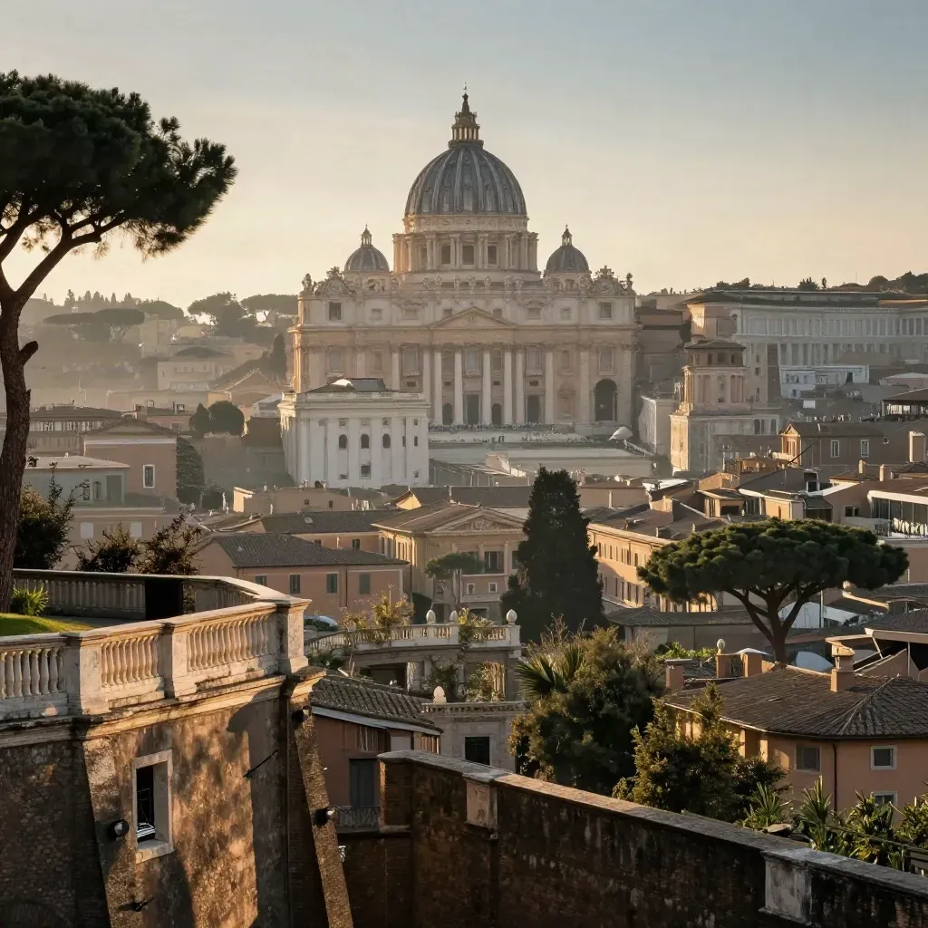 Cupola di San Pietro vista da una collina romana, con pini e terrazze nella foschia calda.