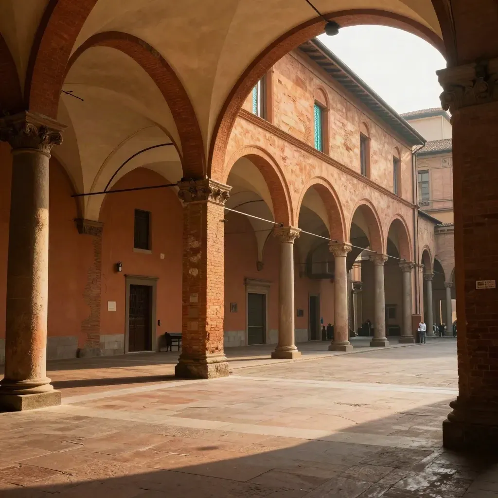 Portici di Bologna al tramonto con piazza in terracotta e luce dorata