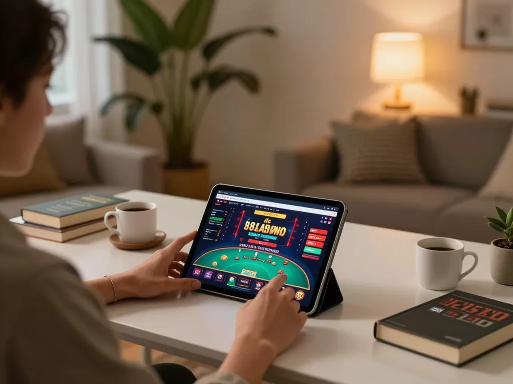 Person enjoying the lc 88 online casino experience on a tablet in a cozy home setup