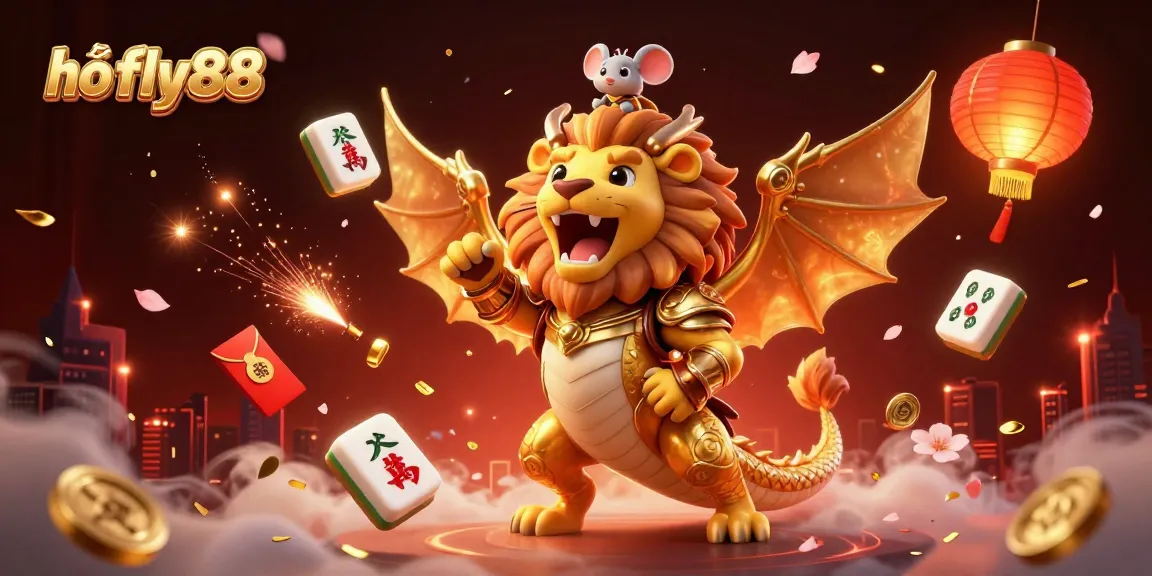 Experience the thrilling support of "hỗ trợ fly88" as a brave mouse jockey rides a triumphant chimera amidst vibrant casino elements.