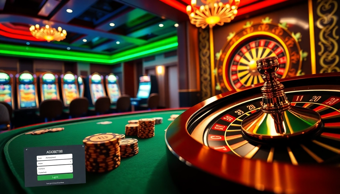 Experience the excitement at ADOBET88 login with vibrant slot machines and poker tables shining.