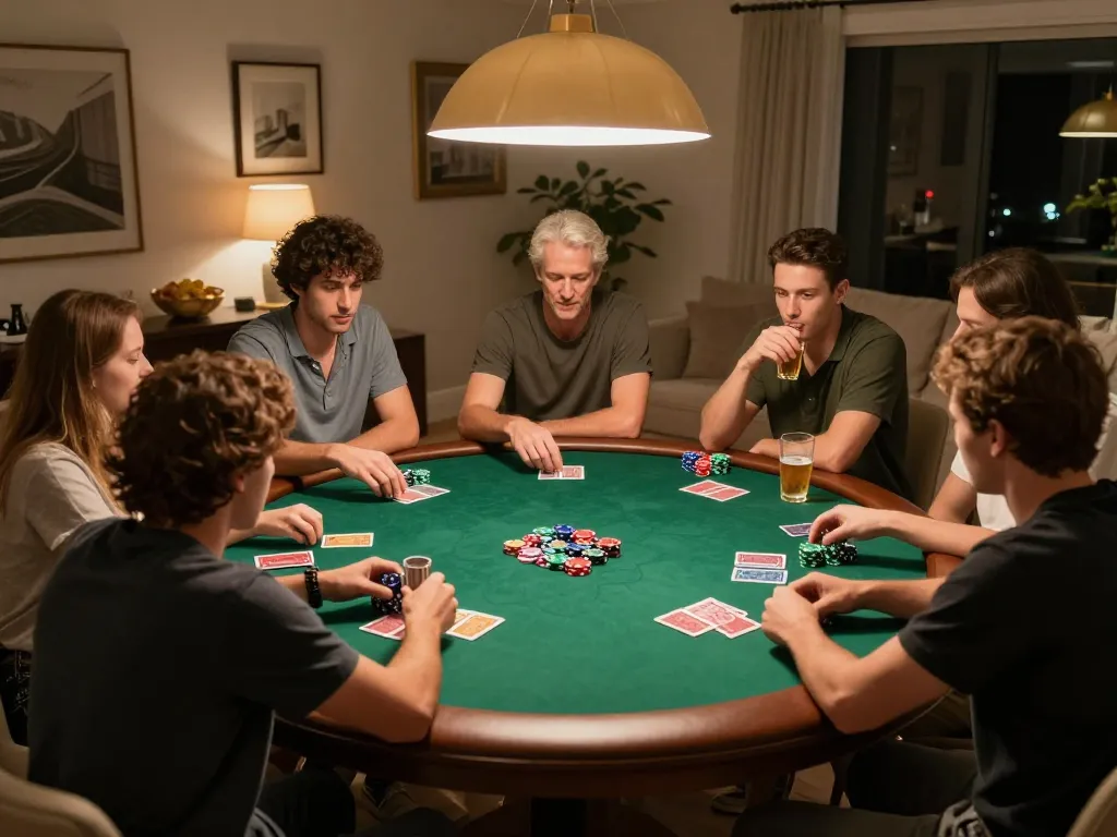Friends engaging in a friendly poker game at home, enjoying their night, highlighting mm88star experience.