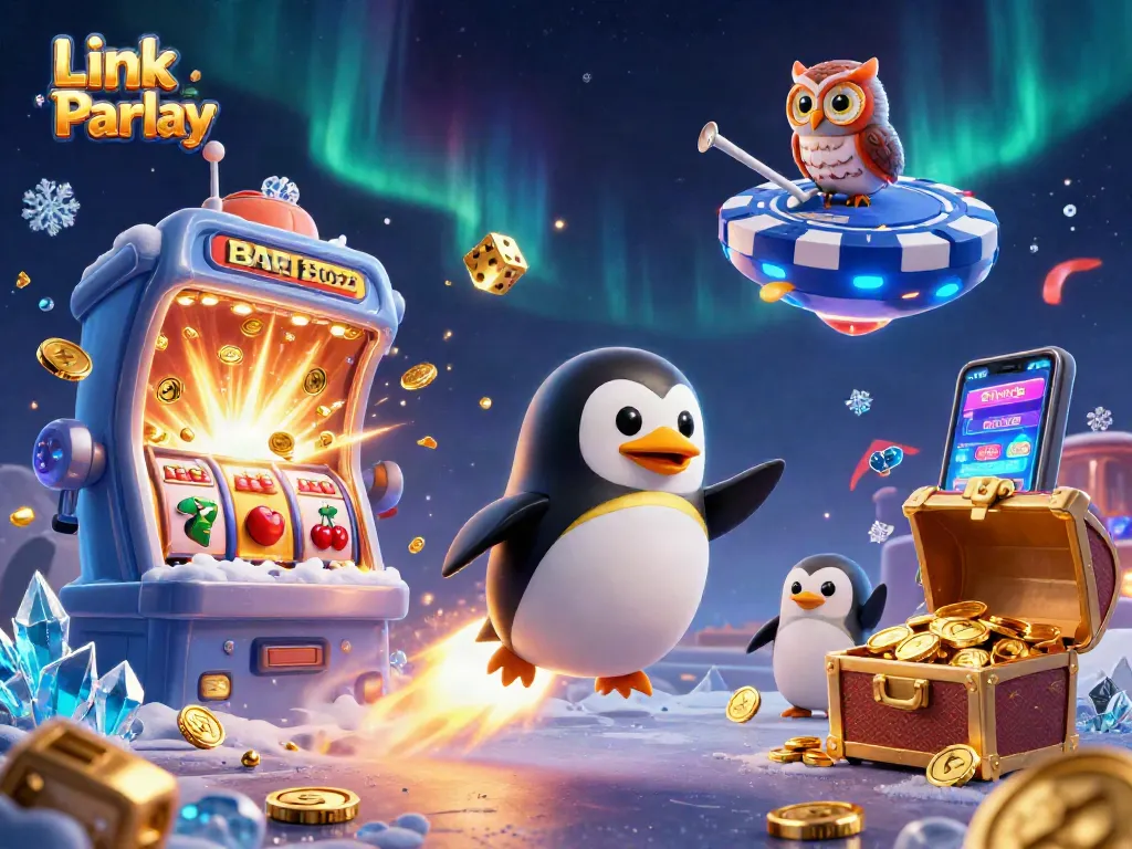 Engage in thrilling betting action with Link Bola Parlay at a colorful casino illustrated scene.