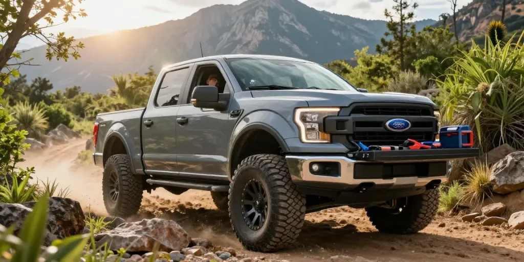 Ford 150 truck navigating off-road terrain with leveling kit, enhancing performance and appearance.