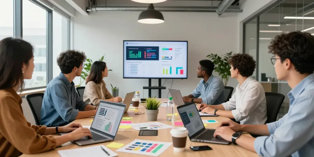 Team collaborating in the office for bestofbhw marketing strategies amidst charts and analytics