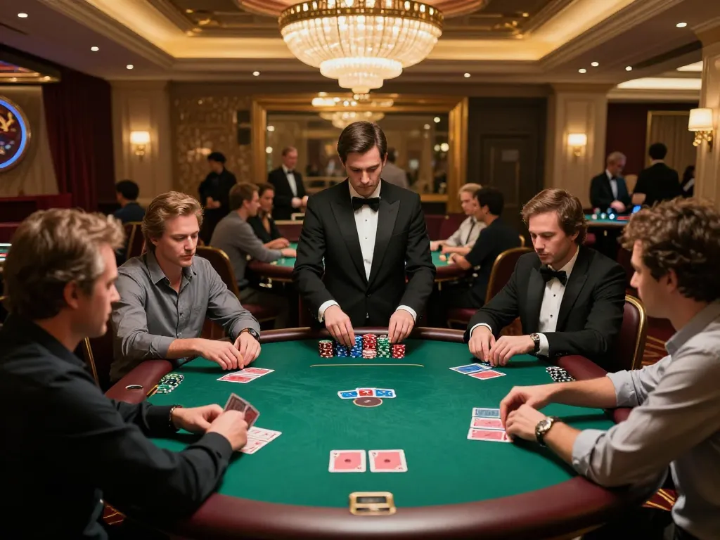 TR88 players strategizing in a high-stakes poker game at a luxurious casino table.