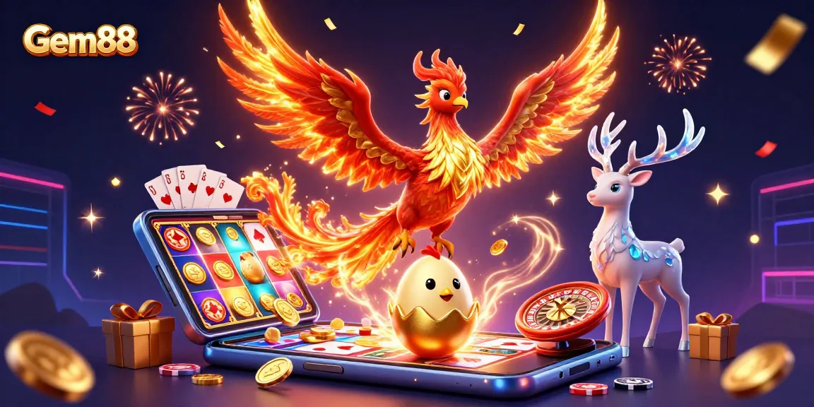 Experience Gem88's vibrant online casino world with a phoenix soaring amid thrilling games and rewards.