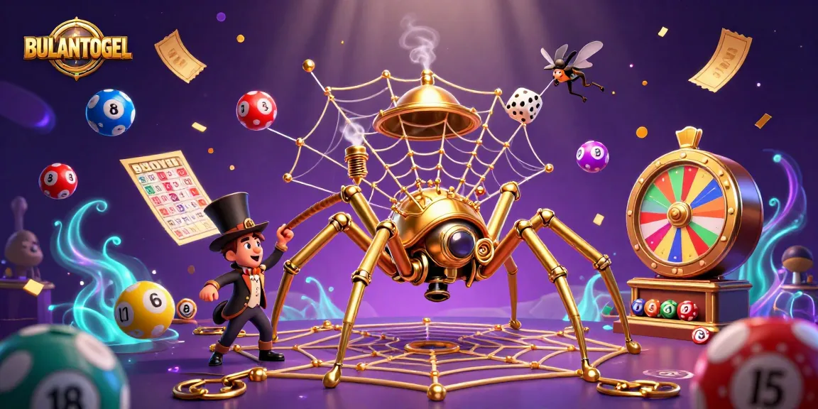 BULANTOGEL promotes vibrant lottery thrills with a playful steampunk spider and dynamic game elements.