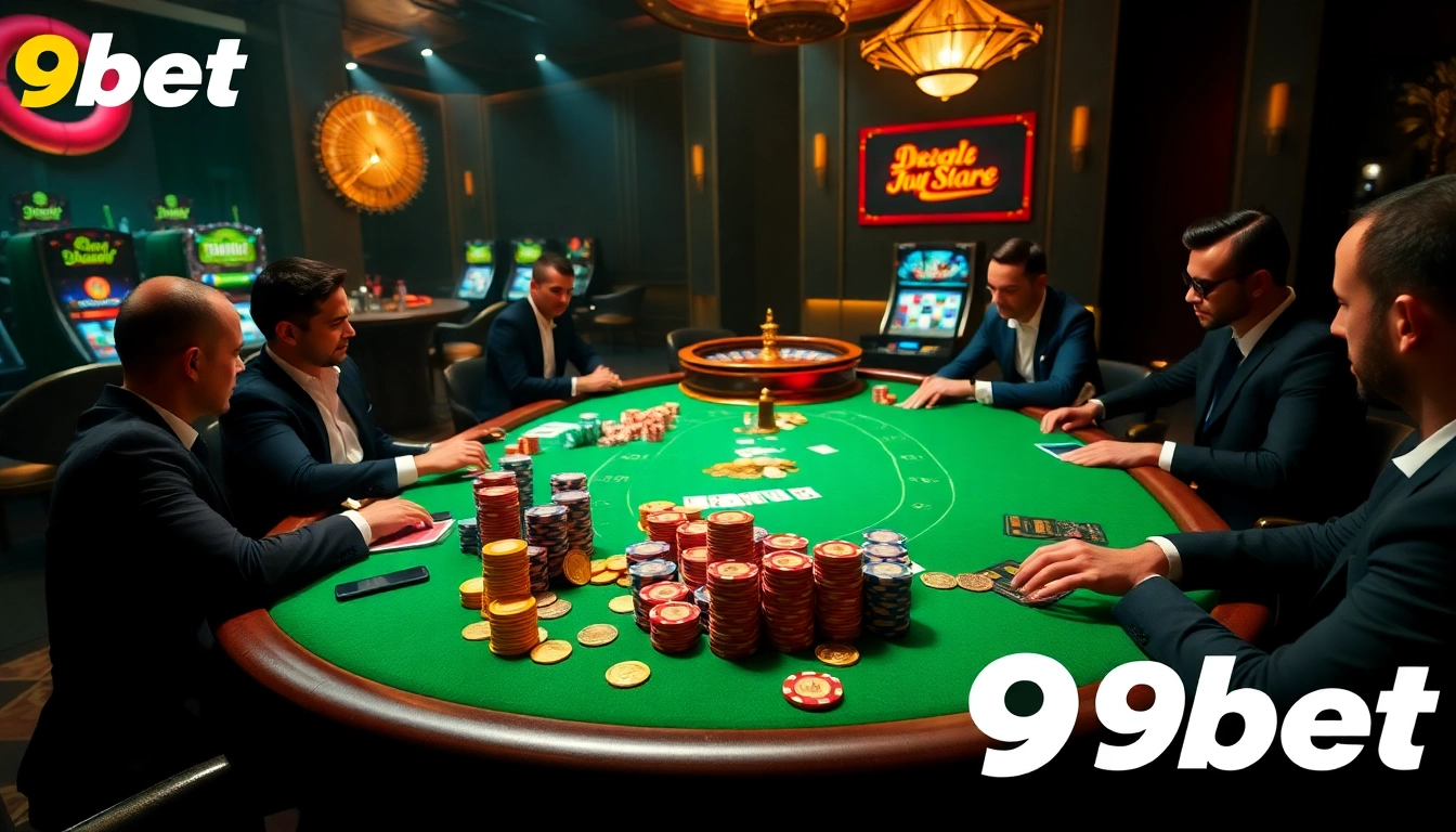 Players enjoying a poker game at a luxurious 9bet casino table, surrounded by vibrant casino elements.
