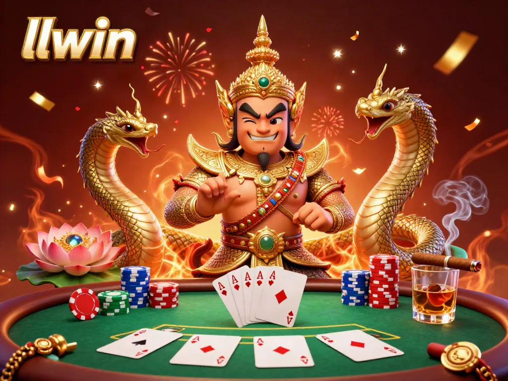 Experience llwin's vibrant casino scene with a 3D guardian and a rich poker backdrop.