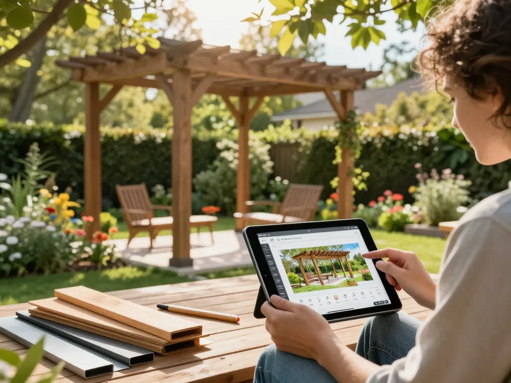 Engage with a pergola 3D planner at your garden, explore design options and materials.