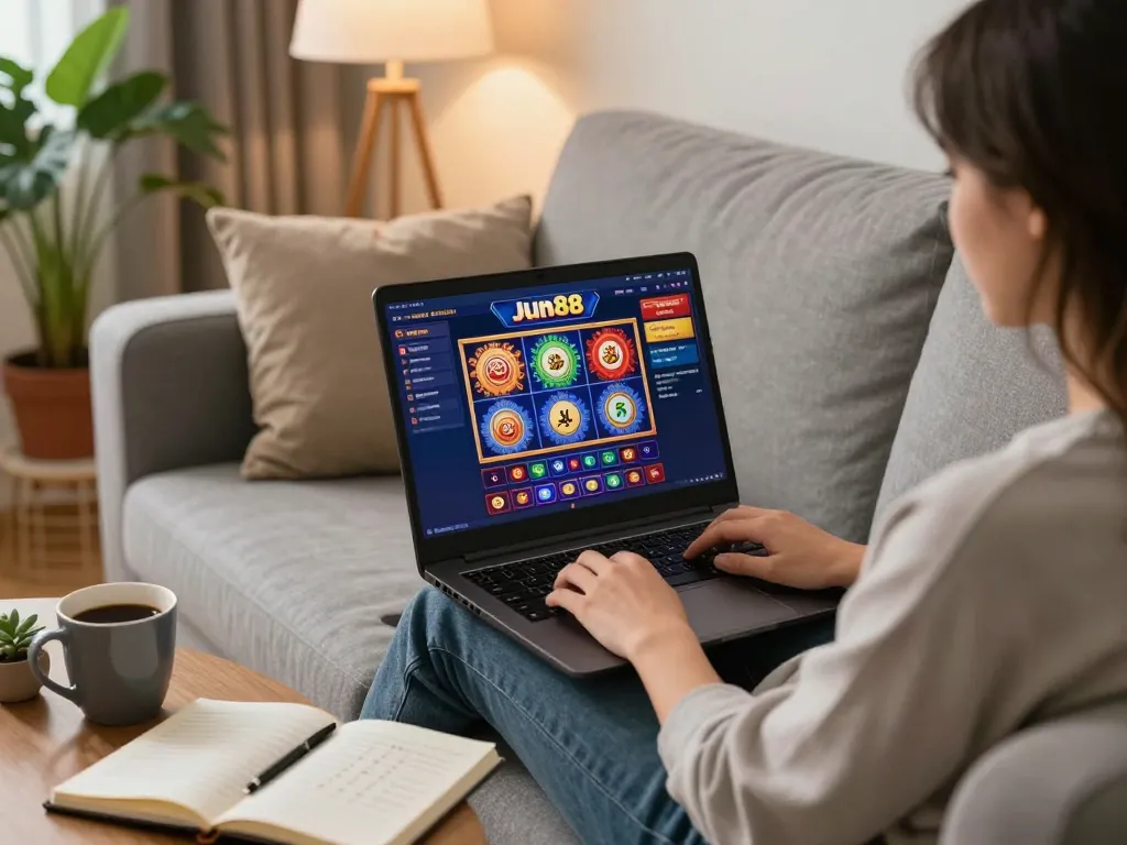 Engaging scene of a player immersing in Jun88's online casino gaming experience at home, highlighting responsible betting.