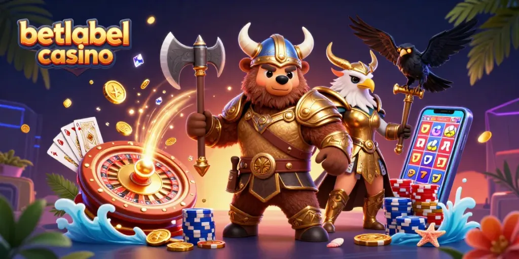 Experience the excitement of betlabel casino with vibrant 3D illustration of game elements and characters.