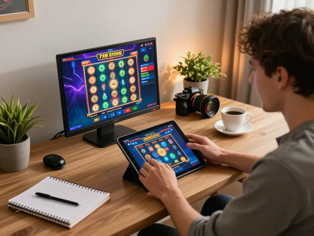 Person enjoying online gaming on SKY88 tablet in a cozy workspace.
