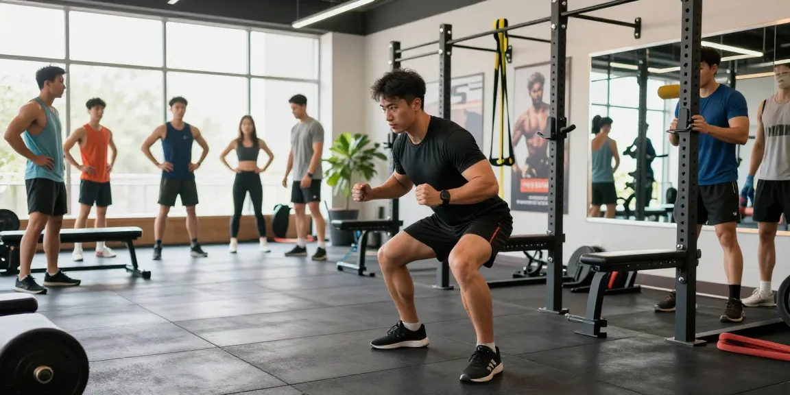 Athletic trainer demonstrating weightlifting techniques at Steroide Boutique's fitness center with enthusiastic clients.