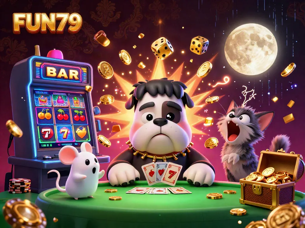 Experience the excitement of FUN79 with lively characters and rich casino elements in a vibrant scene.