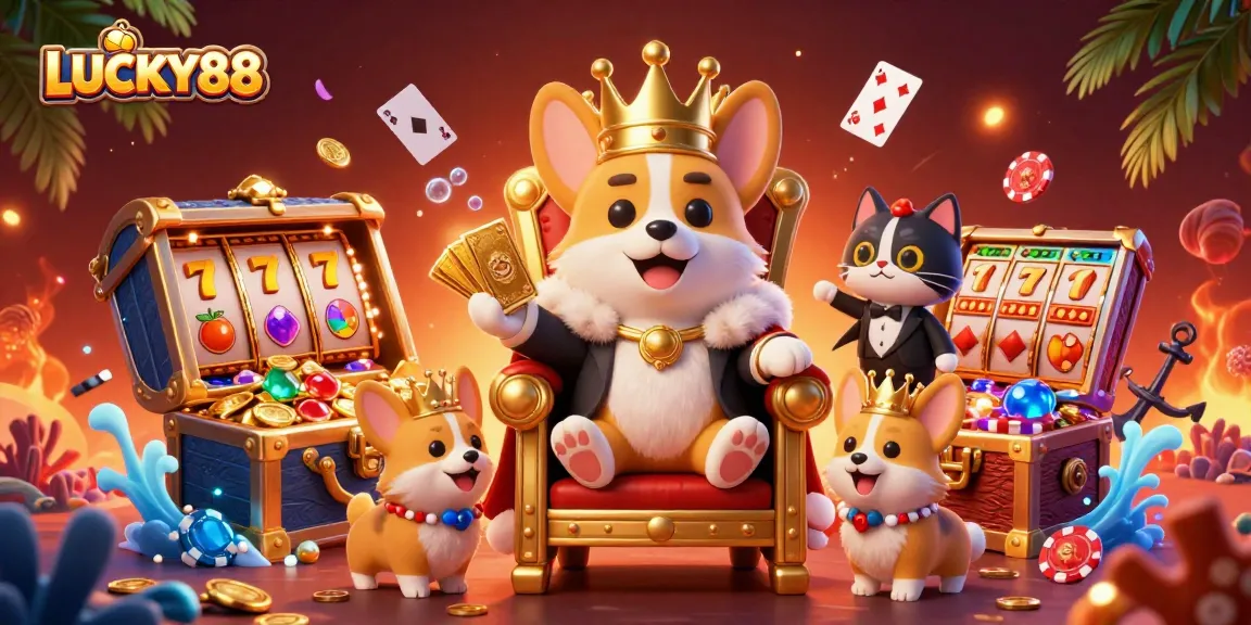 Engage with the LUCKY88 jackpot slots featuring a royal corgi and enchanting casino elements.