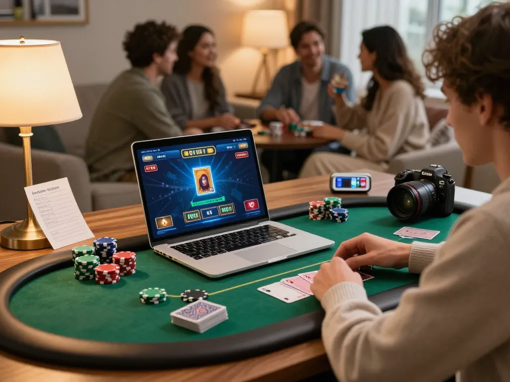 Engaged player strategizing for One88 online poker game, showcasing vibrant setup with chips and notes.