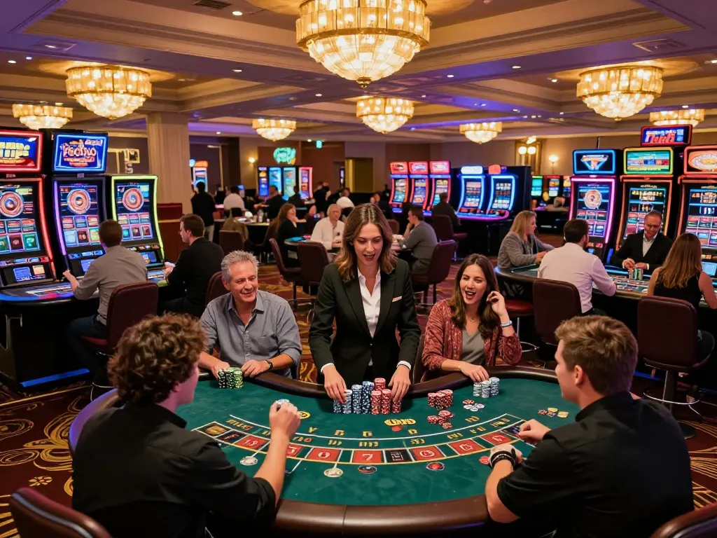 888b players celebrating a win at the blackjack table under vibrant casino lights.