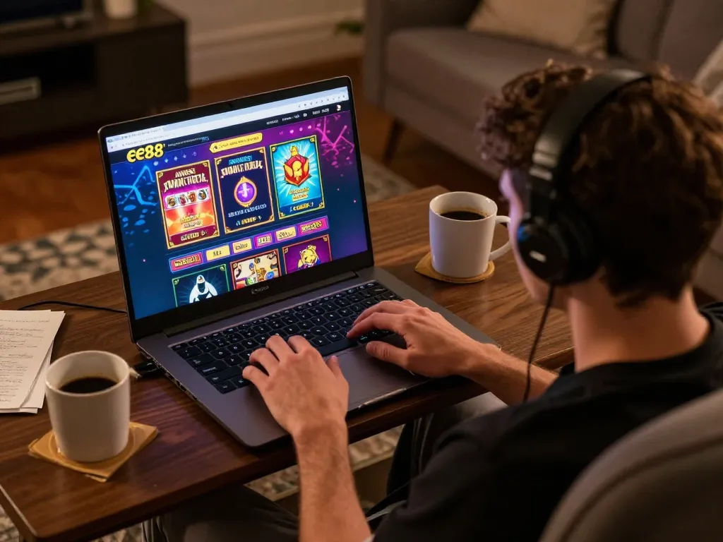 Engaging with online gambling at ee88 on a sleek laptop while enjoying a cozy atmosphere