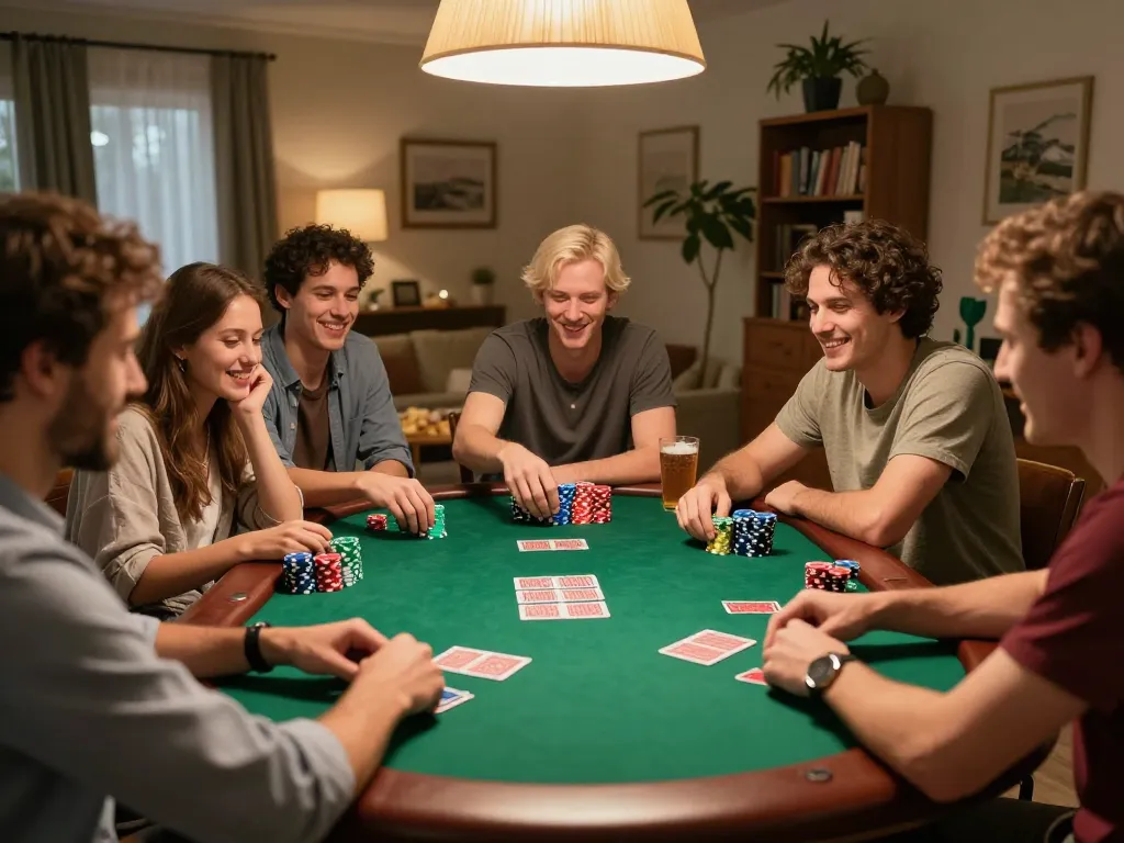 DEBET poker night with friends playing cards, stacks of chips and snacks enhancing the gaming atmosphere.