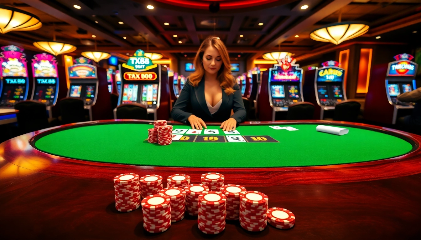 Experience the excitement at TX88's casino table with vibrant poker setups and glamorous dealers.