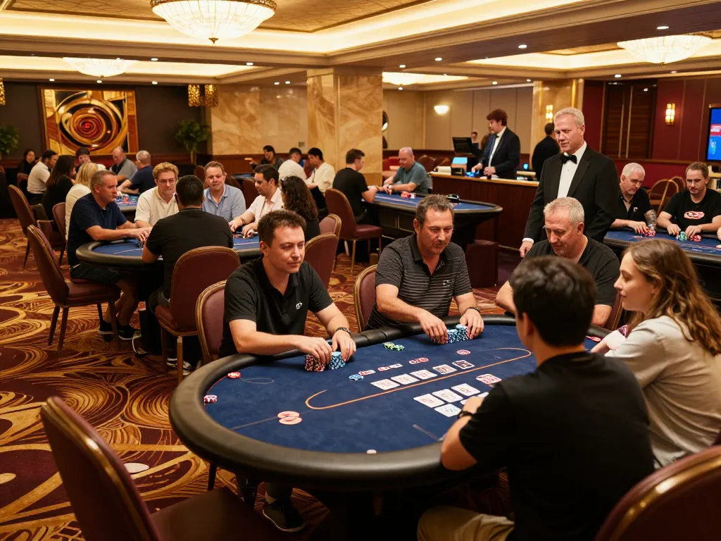 Vin88 players engaging in a thrilling poker game at a luxurious casino with dynamic energy and excitement.