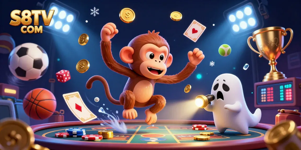 S8TV COM captures the thrilling action of a poltergeist monkey juggling golden objects in a dynamic haunted casino scene.