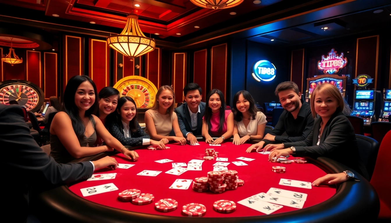 Experience the thrill of TIP88 with an elegant casino poker table and players immersed in the game.