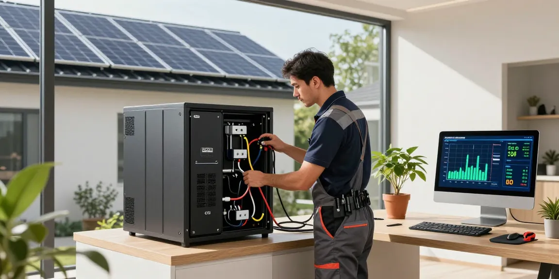 Technician connecting batterie lifepo4 system in modern home with solar panels.