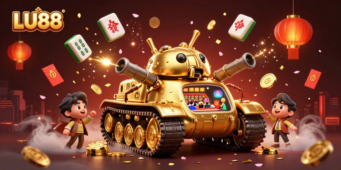 LU88's vibrant illustration showcases a dynamic casino scene within a golden beetle tank, celebrating gaming excitement.