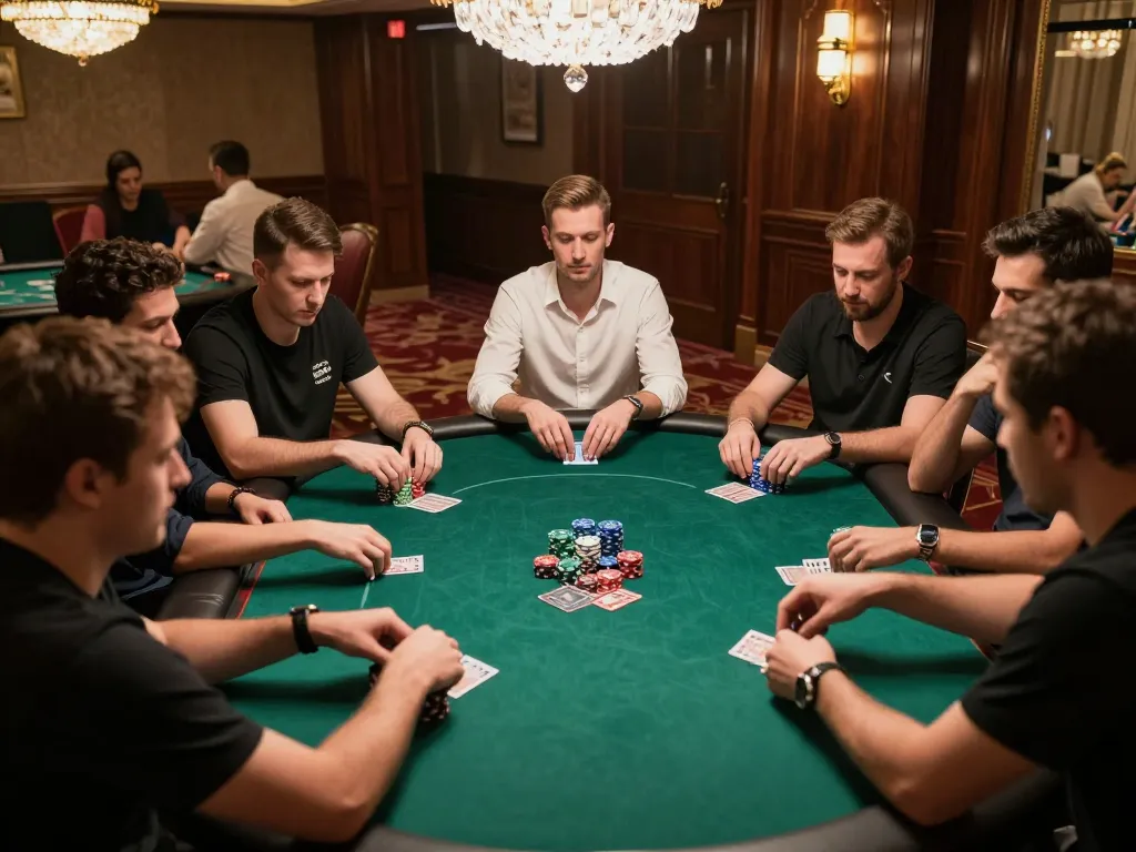 Players engaged in a high-stakes poker game at 98win, showcasing serious gameplay and strategy.