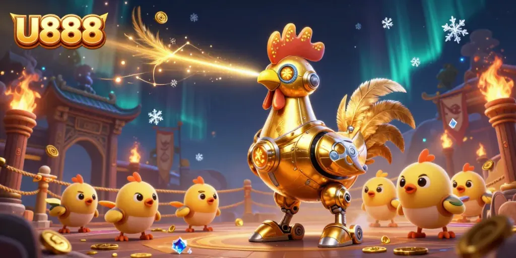 Engage with U888's thrilling online casino experience featuring a golden rooster robot and baby chick drones.