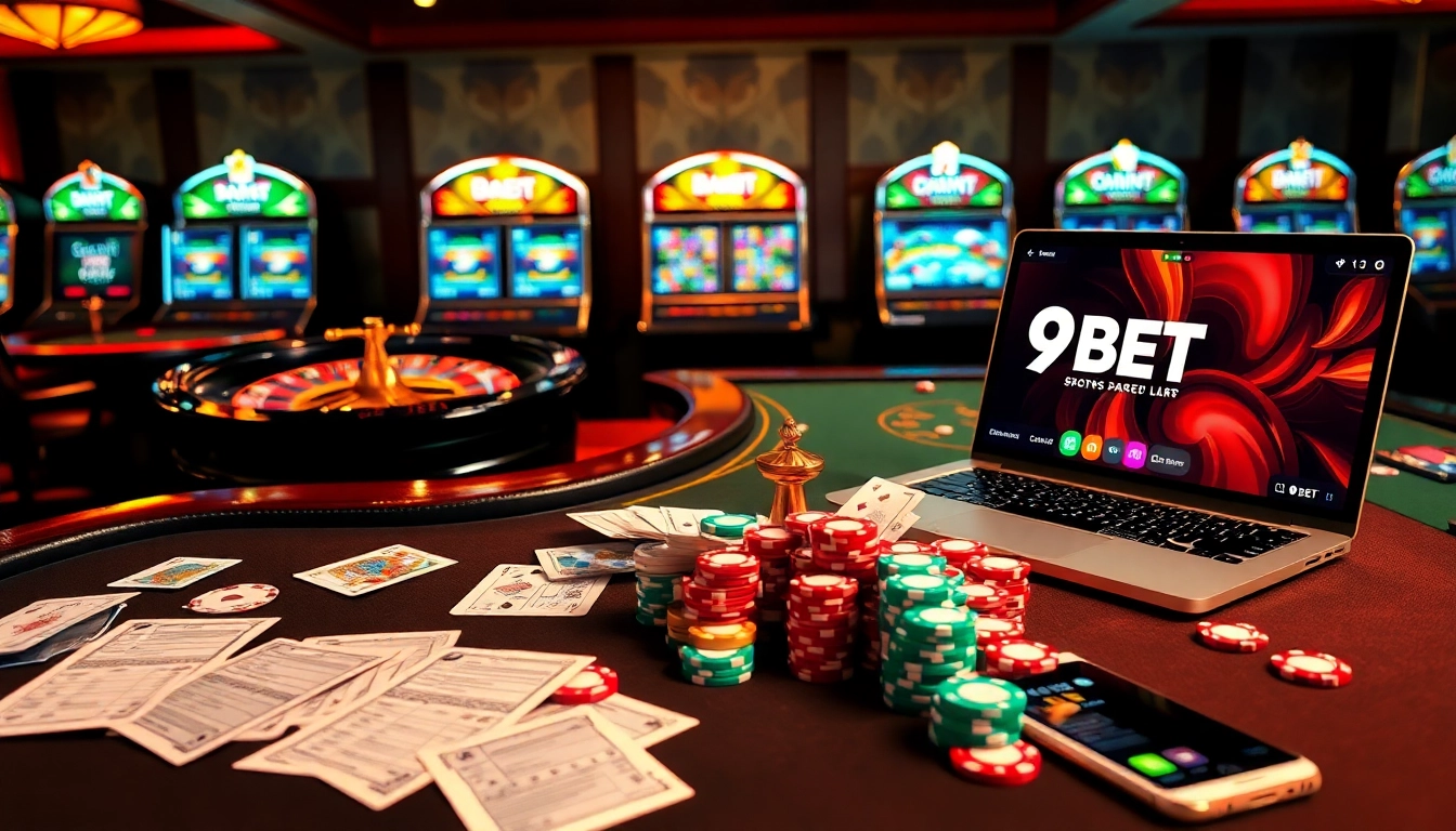 Experience the excitement of online gambling with 9BET luxury featuring roulette, poker, and betting slips.