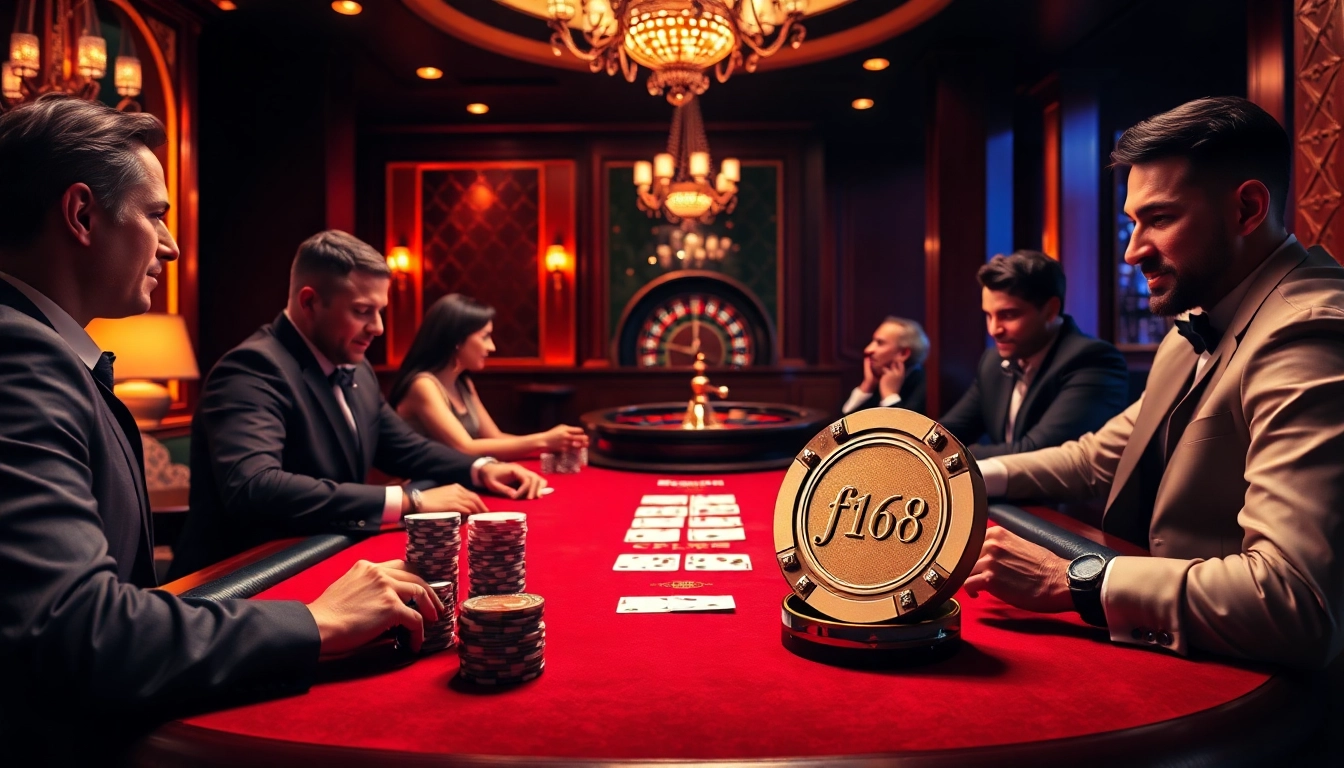 Professional gamblers enjoying a high-stakes poker game at F168's luxurious casino.