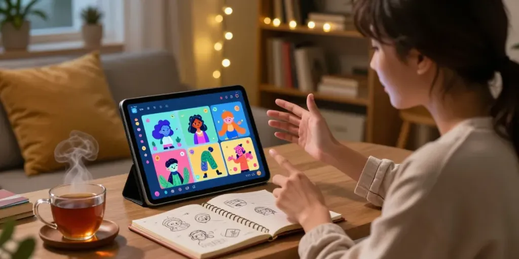 Engaging with ourdream.ai on a tablet in a cozy room, vibrant AI characters on display.