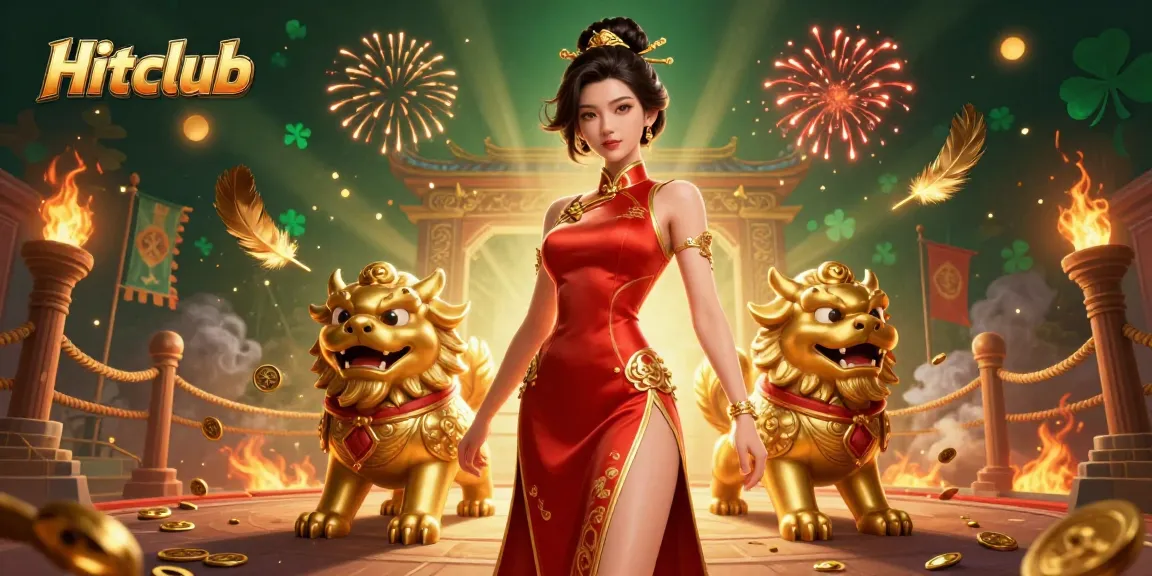 Experience gaming excitement at Hitclub with a dynamic scene featuring 3D characters and golden tokens.