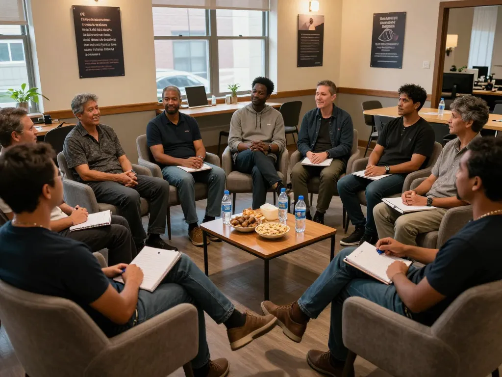Men club members engaging in supportive discussion, promoting mental wellness.