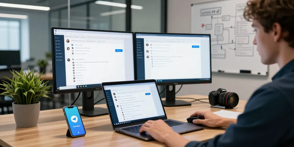 Engaging workspace featuring the Telegram Web Version on a laptop with dual monitors, tech gadgets, and a modern office atmosphere.