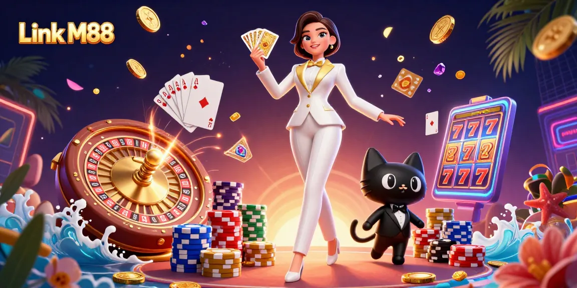 Explore the exciting world of Link M88 with glamorous illustrations featuring casino games and vibrant graphics.