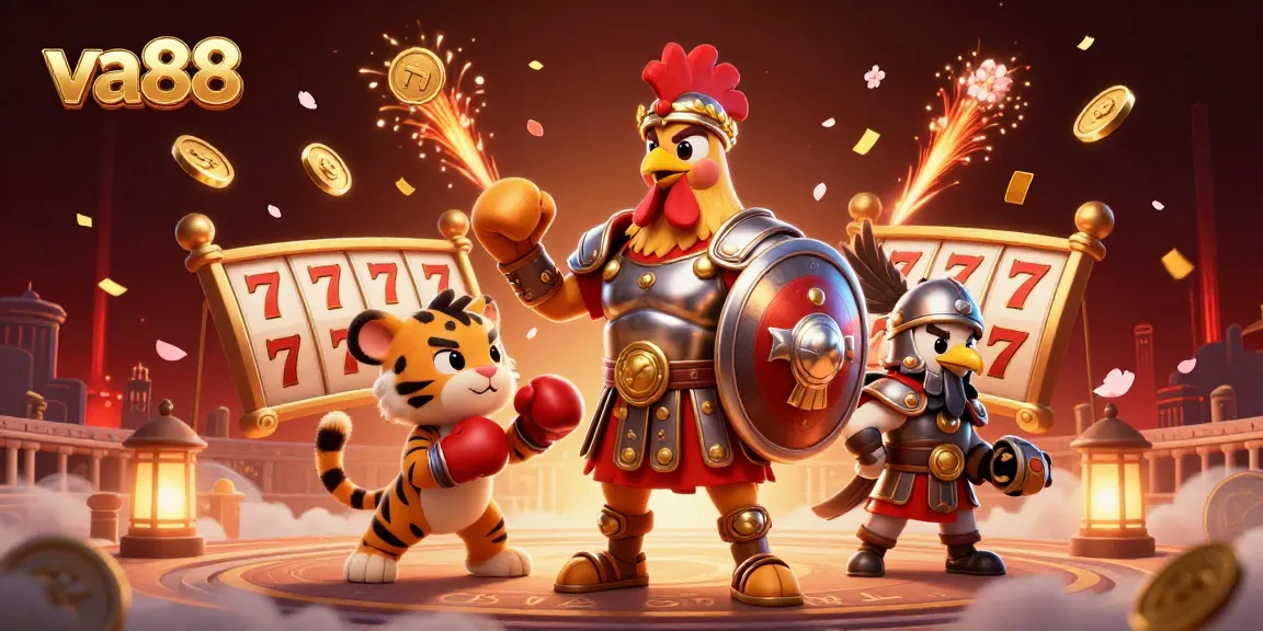 Experience the excitement of va88 with a dynamic 3D casino scene featuring a gladiator rooster and more.