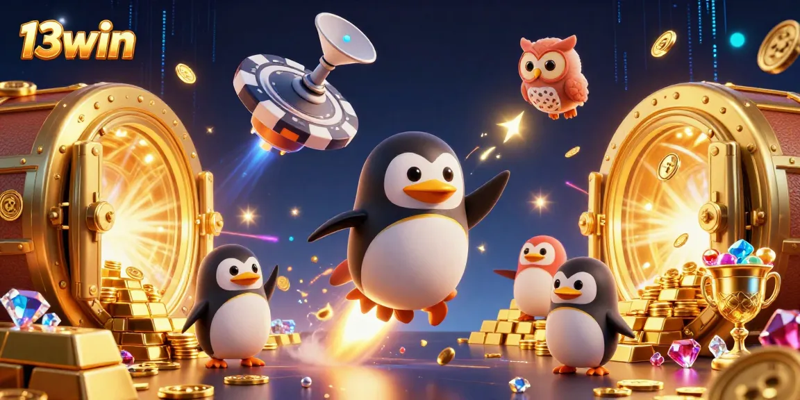 Engage in thrilling gambling at 13win, featuring a golden penguin and vibrant casino elements.